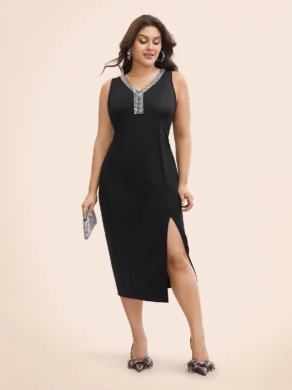 Rhinestone V Neck Split Hem Dress Online Boutiques Best