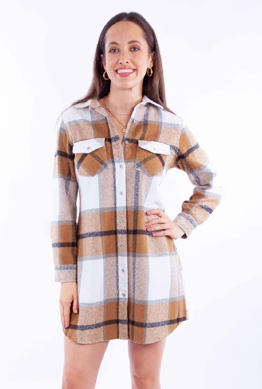 Scully Womens Plaid Flannel Camel Cotton Blend L/S Dress Timeless Women's Outfit