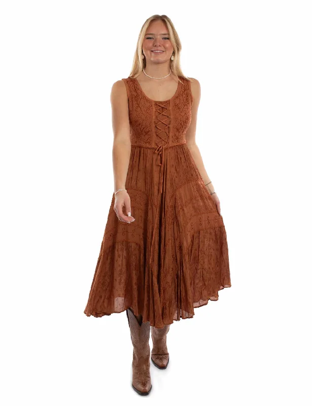 Scully Womens Full Length Lace-Up Rust 100% Rayon S/L Dress L Bold and Elegant Women's Fashion