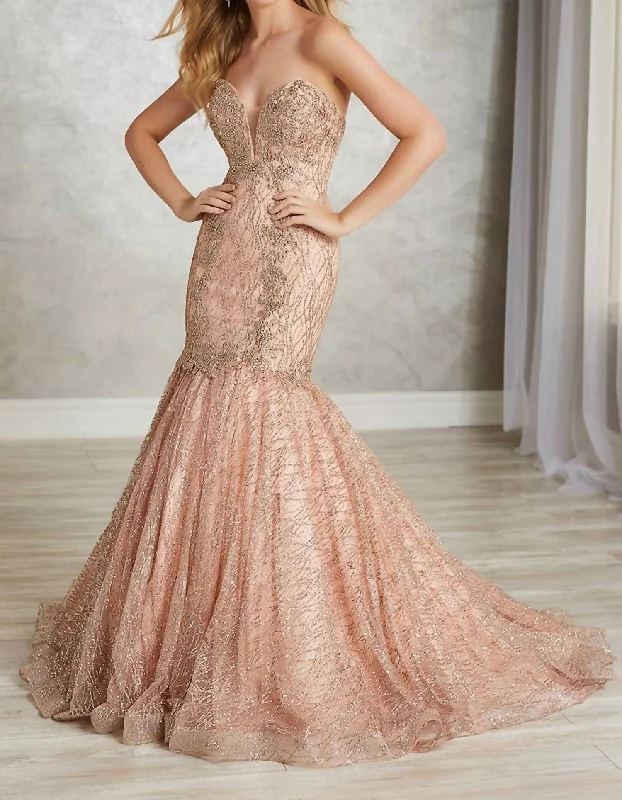 Metallic Lace Appliques Prom Dress In Rose/gold Formal Outfit For Women