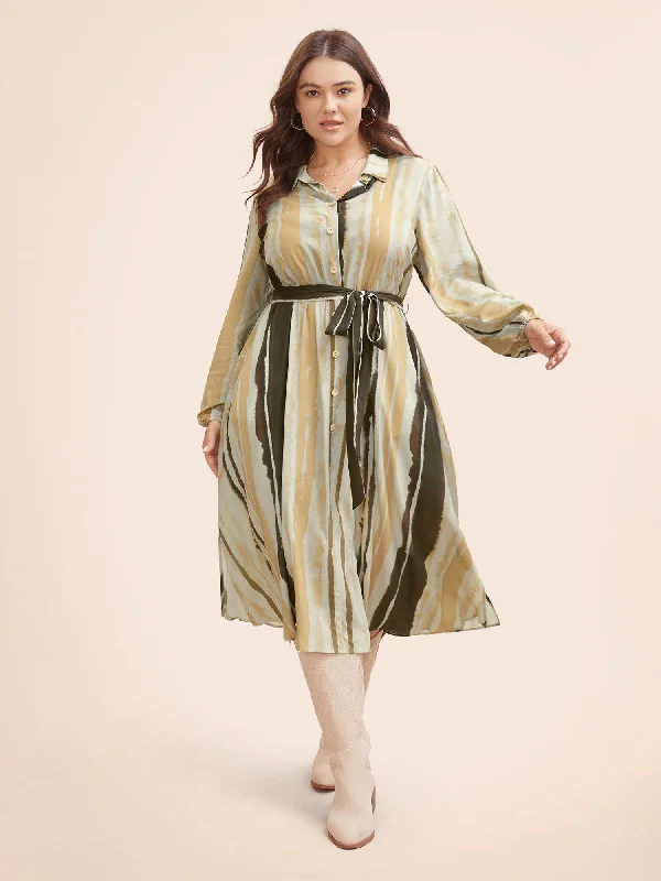 Shirt Collar Striped Pocket Belted Dress Glamorous Evening Wear