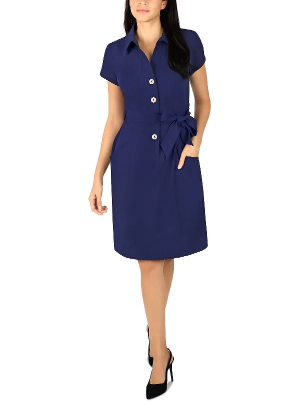 Petites Womens Tie Waist Button Down Shirtdress Women's Casual Wear Outfit