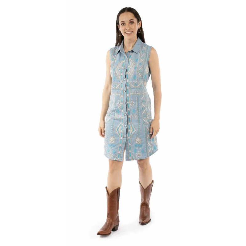 Scully Womens Soft Southwestern Blue Cotton Blend S/L Dress Versatile Women's Fashion