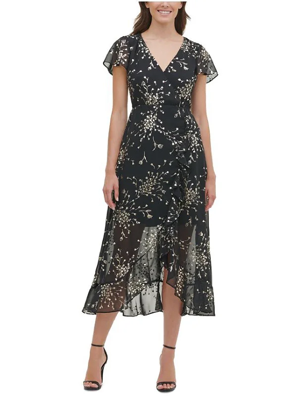 Womens Metallic Midi Cocktail and Party Dress Women's Seasonal Clothing