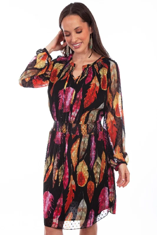 Scully Womens Feather Print Black 100% Polyester L/S Dress Women's Professional Outfit