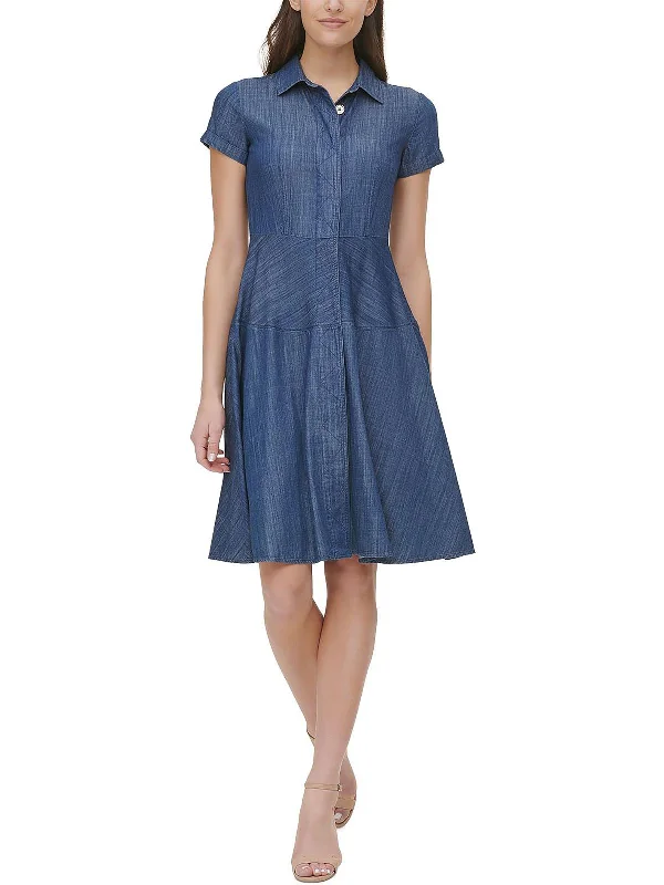 Petites Womens Chambray Short Sleeve Shirtdress Women's Professional Garments