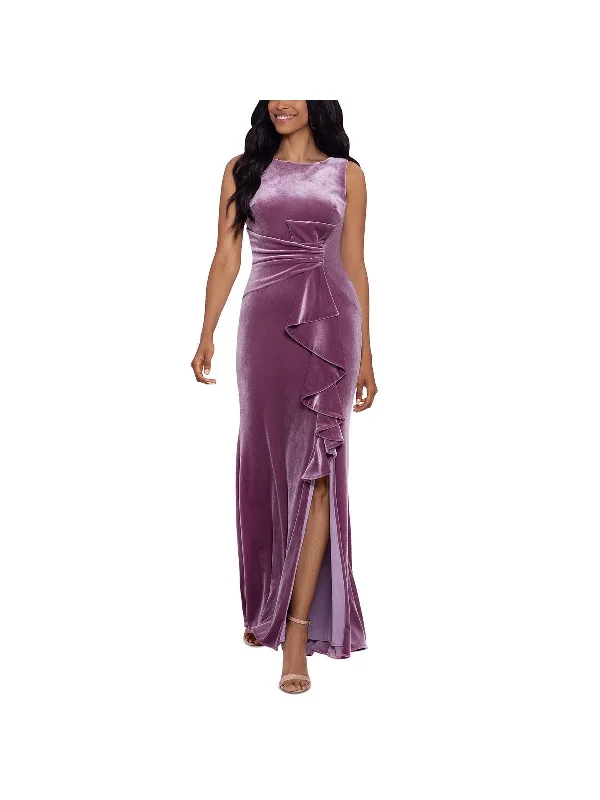 Petites Womens Velvet Ruffled Evening Dress Women's Romantic Outfit