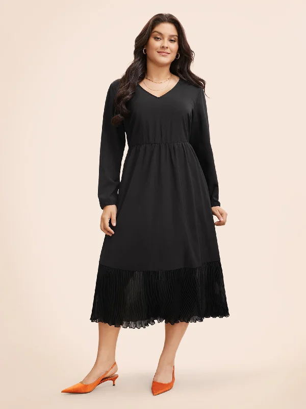 Mesh Patchwork Lantern Sleeve Pleated Dress Eclectic Fashion