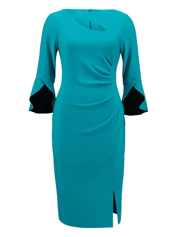 Silky Knit Tulip Sleeves Dress In Green Women's High-Fashion Garments