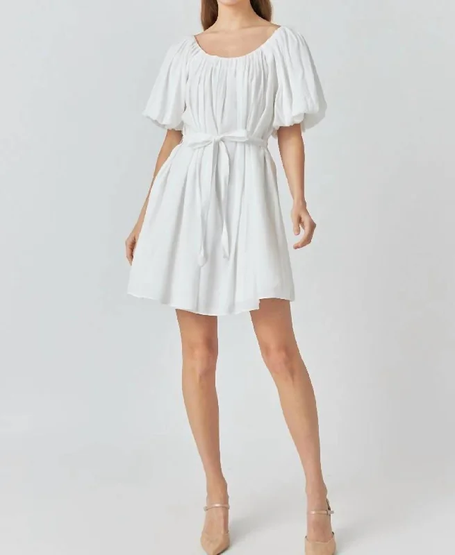 Eloise Pleated Puff Sleeve Dress In White Outfits Ideas