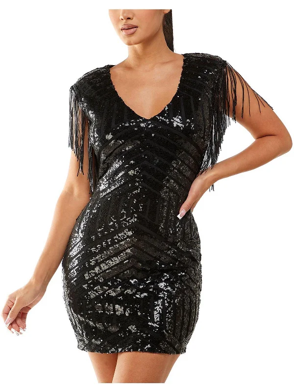 Juniors Womens Fringe Trim Sequined Cocktail and Party Dress Women's Office Clothing