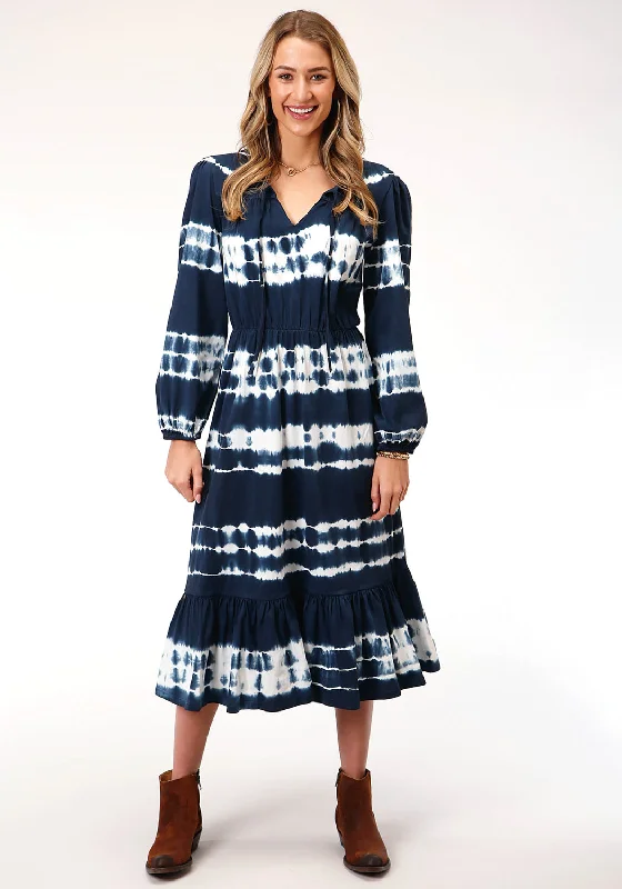 Roper Womens Indigo/White 100% Cotton Tie Dye L/S Dress Chic Women's Clothing for Date Nights