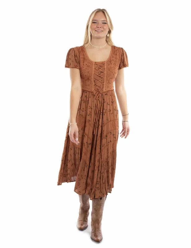 Scully Womens Soutache Rose Print Rust 100% Rayon Cap Sleeve Dress Women's Clothing