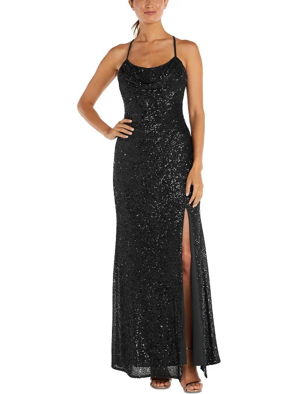 Petites Womens Sequined Long Evening Dress Women's Formal Event Attire