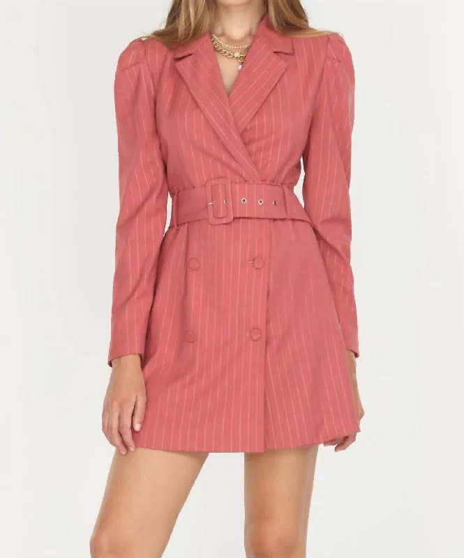 Kayla Pinstripe Belted Blazer Dress In Desert Rose Online Boutiques Affordable