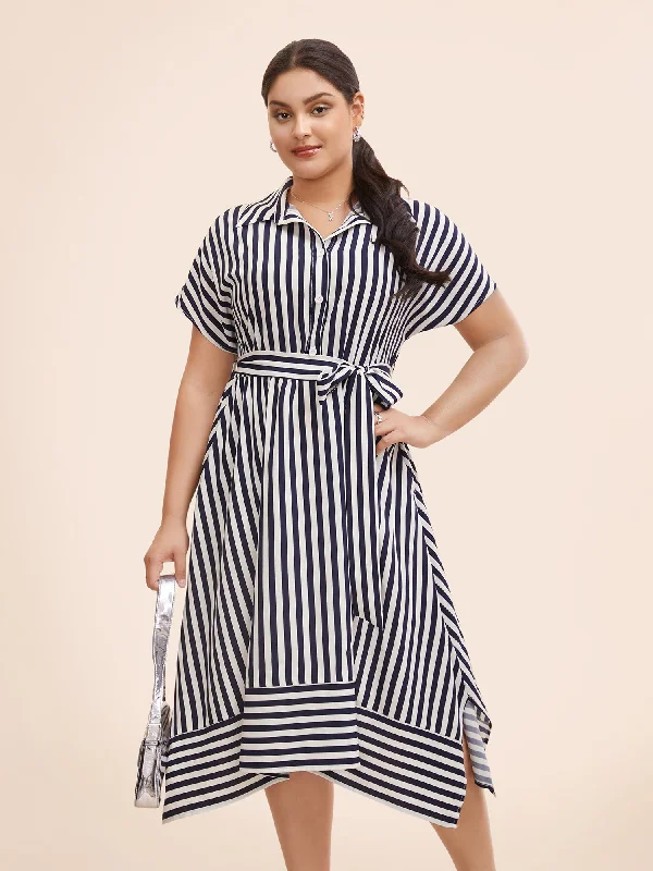 Shirt Collar Striped Hanky Hem Dress Casual Clothing For Women