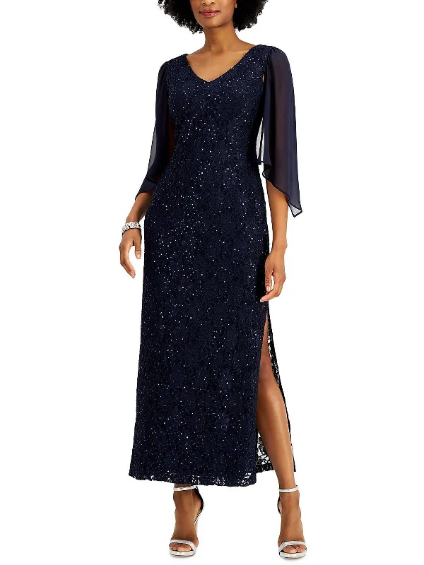 Petites Womens Sequin Lace Evening Dress Women's Outdoor Attire