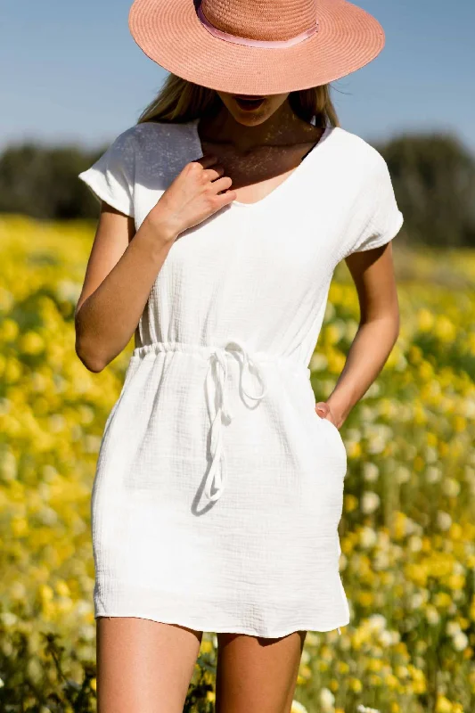 Short Sleeve V-Neck Textured Dress In White Sale Clothes Online