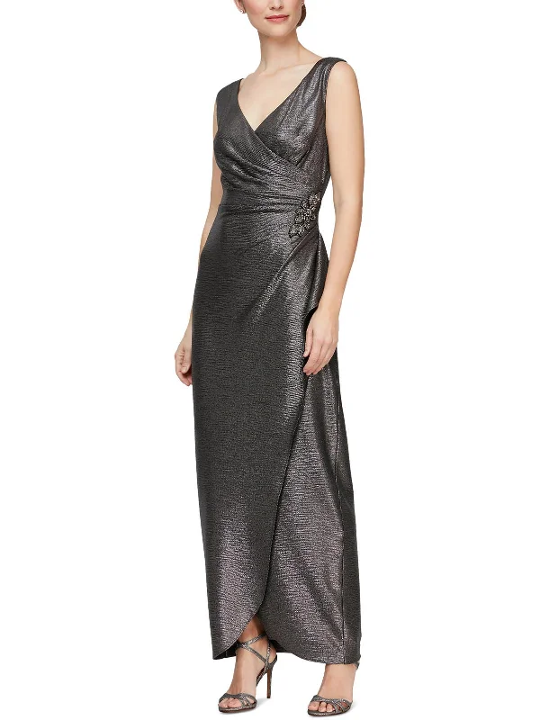 Petites Womens Metallic Long Evening Dress Women's Activewear Outfit