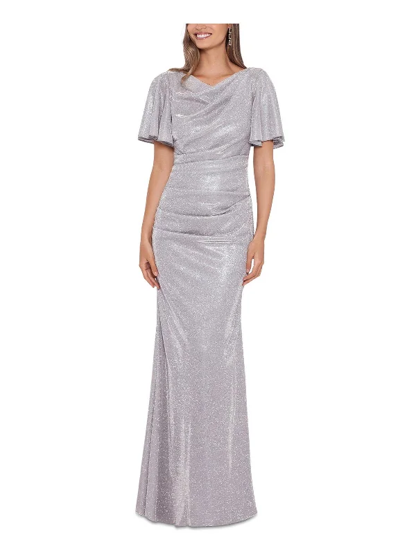 Petites Womens Metallic Ruched Evening Dress Plus-Size Women's Garments