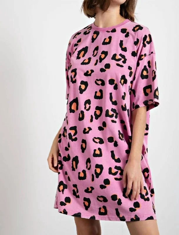 Washed Leopard Tunic Tee Dress in Barbie Pink Women's Festive Attire