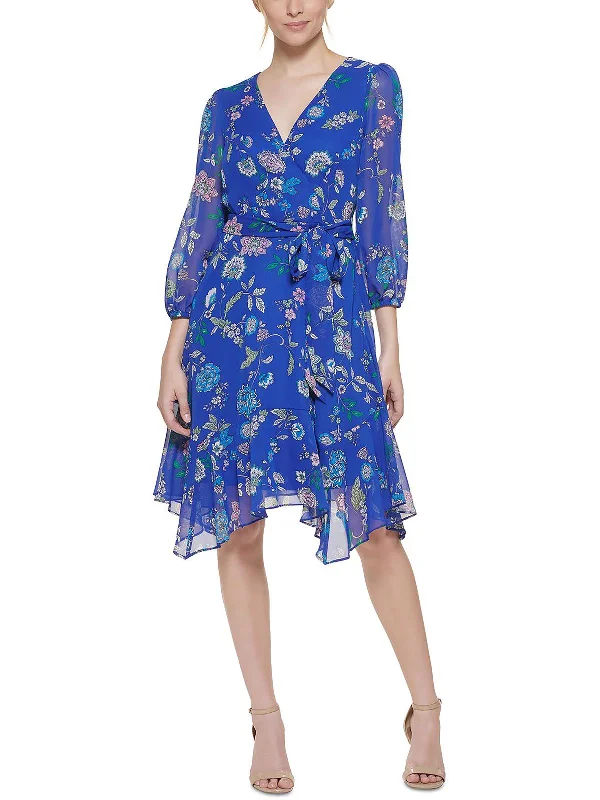 Petites Womens Chiffon Printed Wrap Dress Stylish Women's Apparel