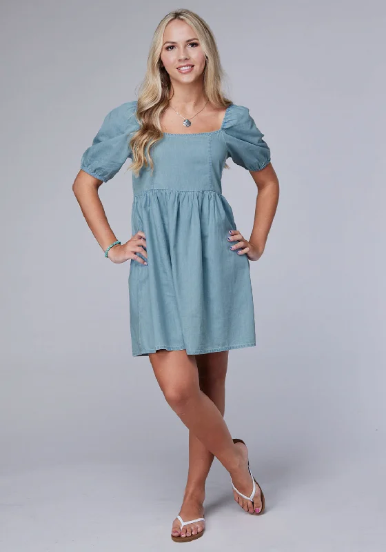 Roper Womens 2087 Baby Doll Light Blue 100% Cotton S/S Dress Casual Fashion for Women