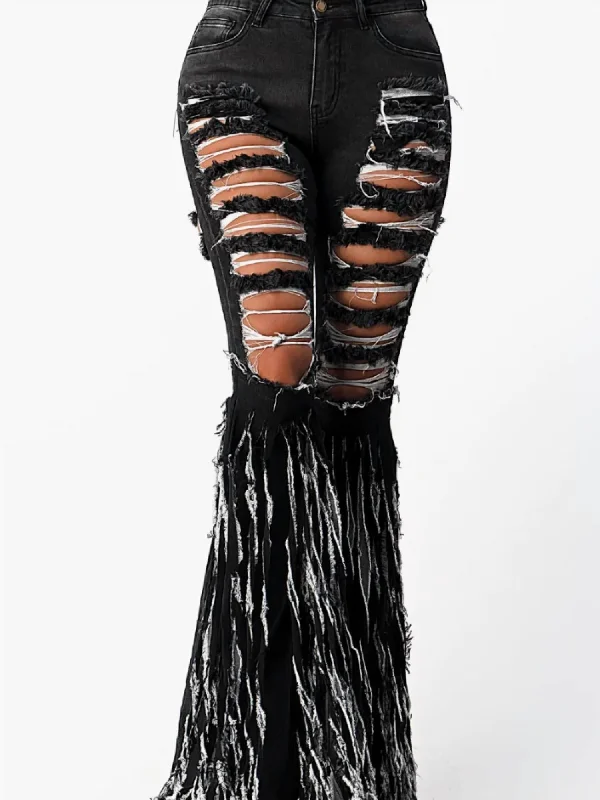 Ripped Destroyed Fringe Pant In Black Designer Women's Fashion Online