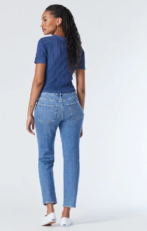 SOHO GIRLFRIEND JEANS IN MID DISTRESSED RECYCLED BLUE Women's Vintage Clothes