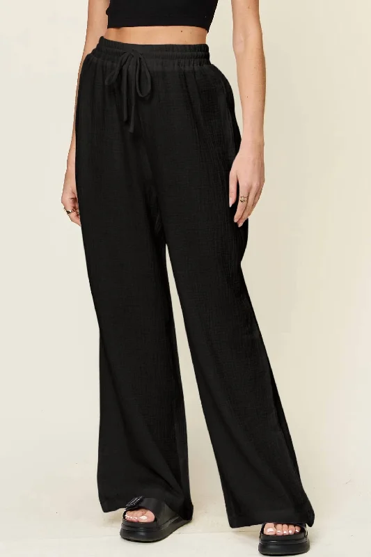 Wide Leg Drawstring Pants In Black Women's Night-Out Outfit