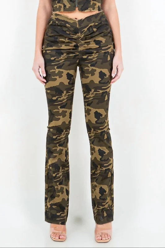 V-Cut Camo Flared Pants In Olive Camo Bold and Elegant Women's Fashion