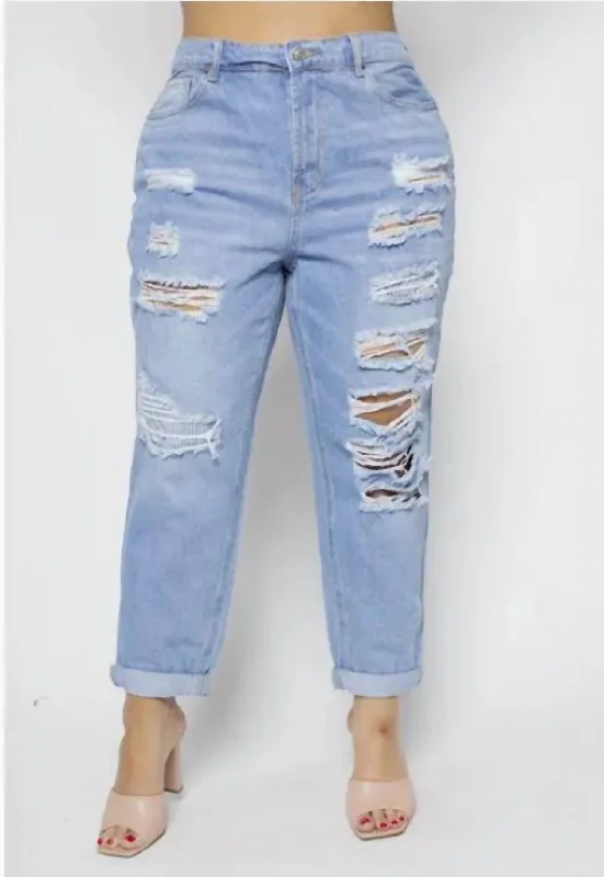 Distressed Elastic Mom Jeans - Plus In Light Wash Easygoing Women's Style