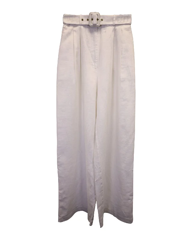 Zimmermann Wavelength Belted Wide-Leg Pants in White Linen Women's Clothes And Garments