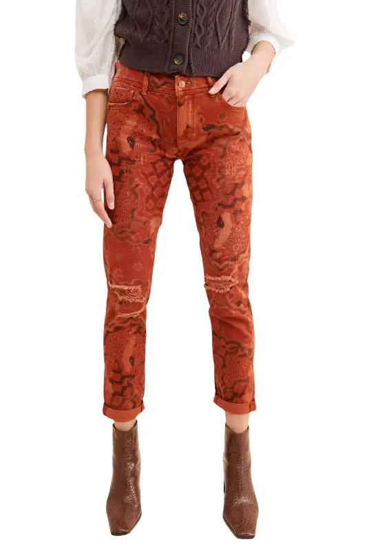 Slim Boyfriend Crop Pants In Orange Motif Discount Store