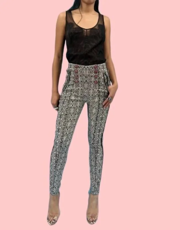 Metallic Jacquard Pant In Black And White Women's Versatile Apparel