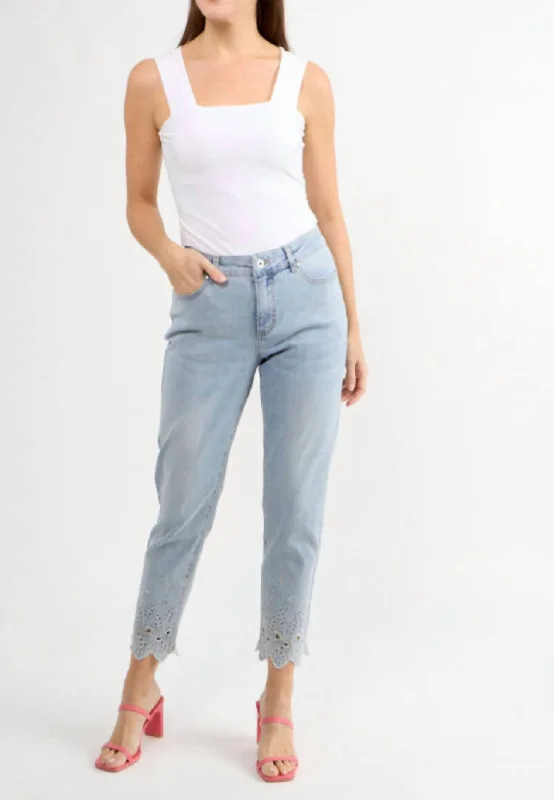 Button Front Jeans With Floral Cutouts And Bling In Light Blue Timeless Women's Clothes