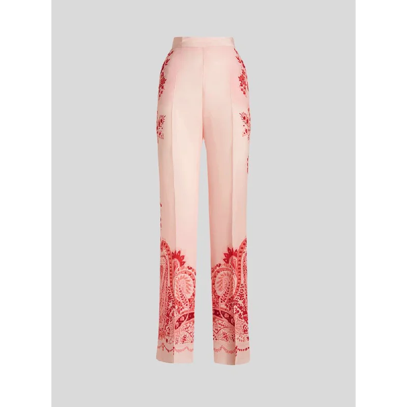 Silk Trousers With Placed Flower Print Women's Elegant Garments