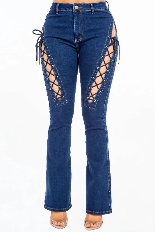 Chic Lace Up High Rise Denim In Dark Blue Women's Holiday Clothing