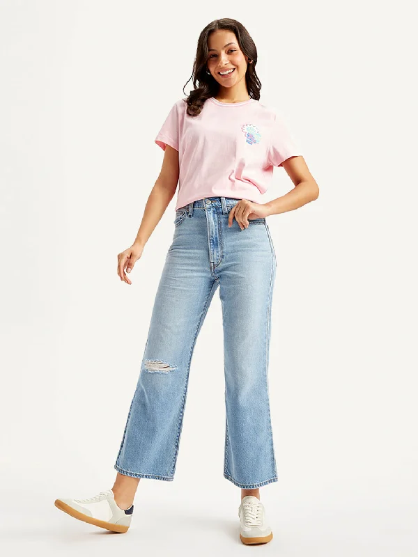 Women's High Rise Ribcage Cropped Bootcut Light Blue Jeans Women's Trendy Outfit