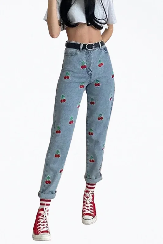 High-Rise Cherry-Embroidered Tapered Jeans In Light Blue Women's Fashion Clothing