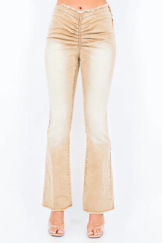 V-Cut Ruched Mid Flare Pants In Tan Stylish Dresses for Women