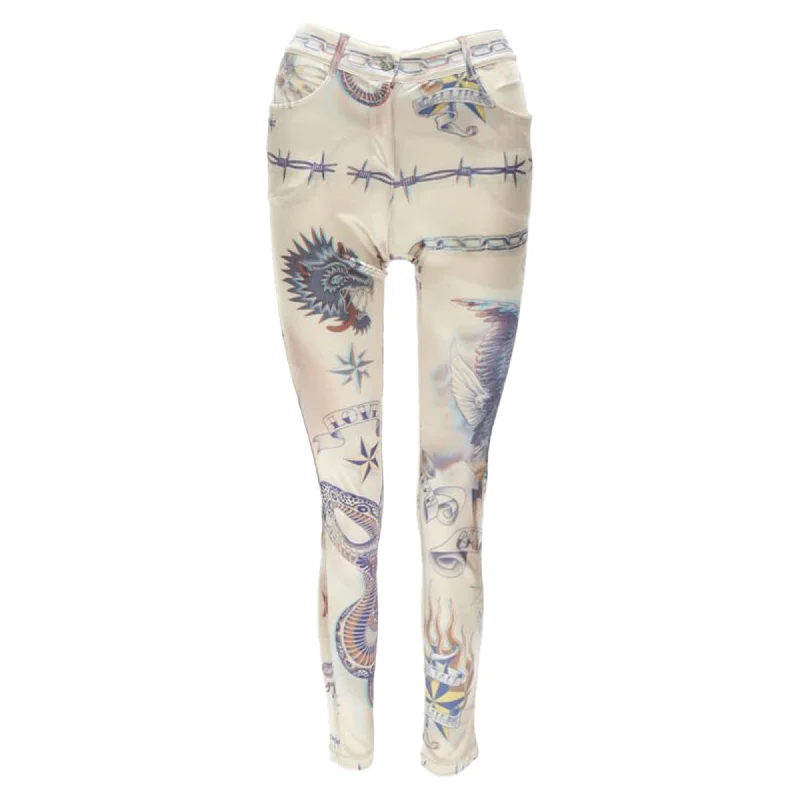 Jean Paul Gaultier Punk Tattoo Print Polyamide Skinny Pants Women's Resort Garments