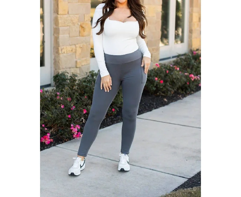 Fleece Full Length Leggings With Pockets In Charcoal High-Fashion Women's Clothing