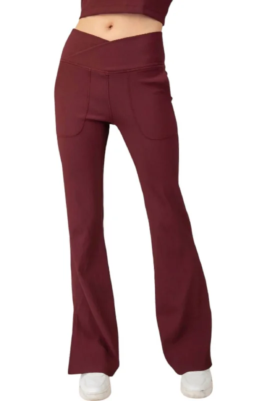 Nylon Rib V Waist Crossover Leggings In Wine Boho Chic Fashion