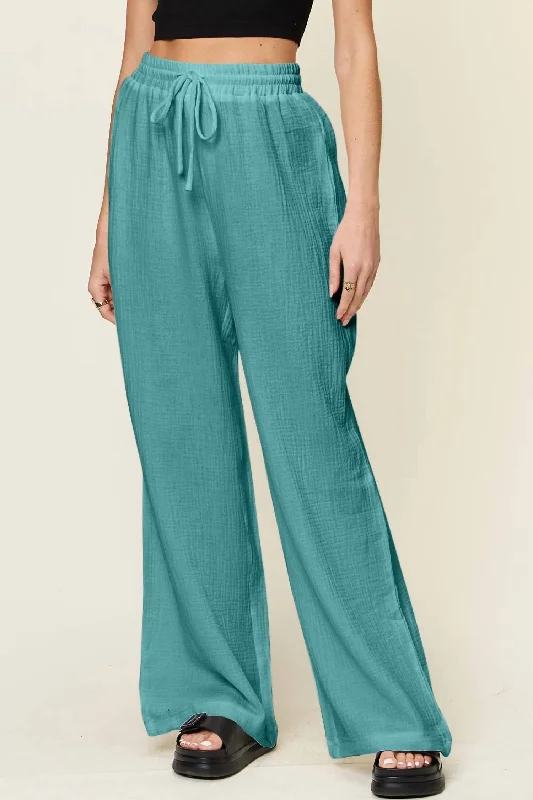 Wide Leg Drawstring Pants In Cerulean Women's Transitional Outfit