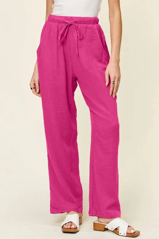 Texture Drawstring Straight Pants In Hot Pink Women's Vintage-Inspired Outfit