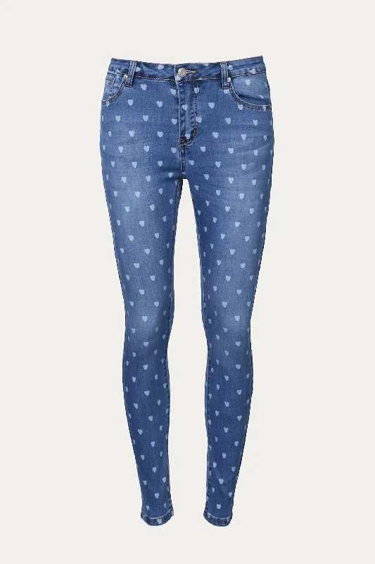 Mid-Rise Heart-Print Skinny Jean In Light Blue Discount Price