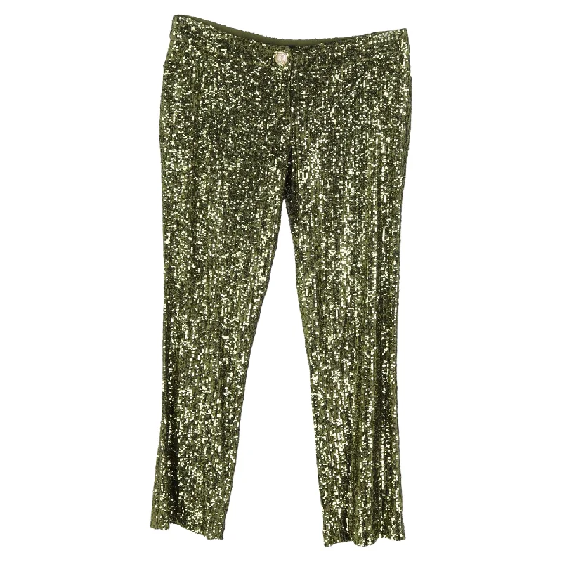 Balmain Cropped Stretch-Tulle Flared Pants in Green Sequins Women's Professional Garments