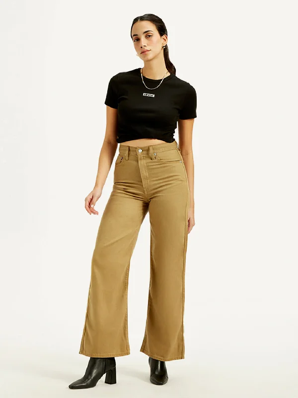 Women's High Rise Ribcage Wide Leg Khaki Jeans Women's Elegant Outfit