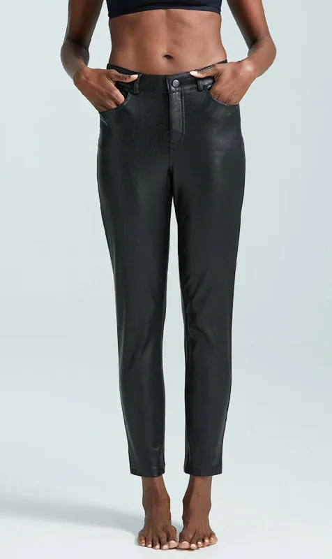 Faux Leather Five Pocket Pant In Black Women's Trendy Casual Outfit